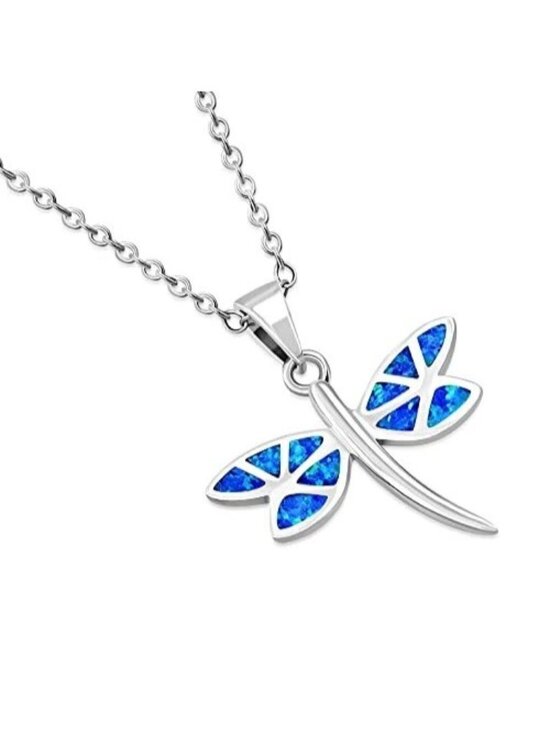 925 Sterling Silver Womens Girls Dragonfly Butterfly Opal Pendant Necklace